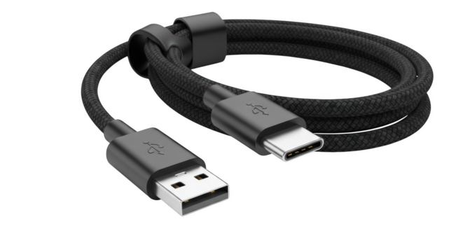 Braided U S B to U S B Type C charging cable with connectors isolated on a transparent background USB-C