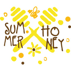 Hand drawn summer honey text with bee and flower illustration on transparent background in yellow and brown colors