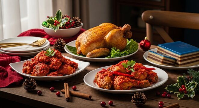 Traditional Indonesian Christmas feast with authentic local dishes such as ayam rica-rica, babi guling, and festive desserts. Styled on a rustic wooden table with soft lighting and Christmas details