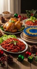 Fototapeta premium Traditional Indonesian Christmas feast with authentic local dishes such as ayam rica-rica, babi guling, and festive desserts. Styled on a rustic wooden table with soft lighting and Christmas details
