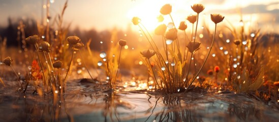 a stunning landscape, dramatic golden sunset, meadow of wildflowers, dewy grass, backlit details, cinematic lighting, breathtaking scenery, ethereal atmosphere, vibrant colors, peaceful tranquility, n