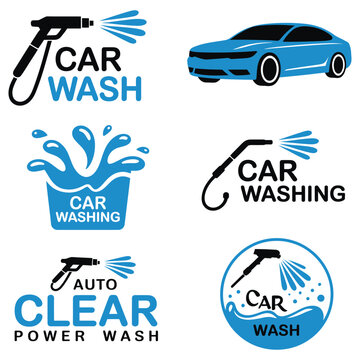 Car wash service emblems set, logo templates collection, vector icons for automotive cleaning, power washing, and detailing service design