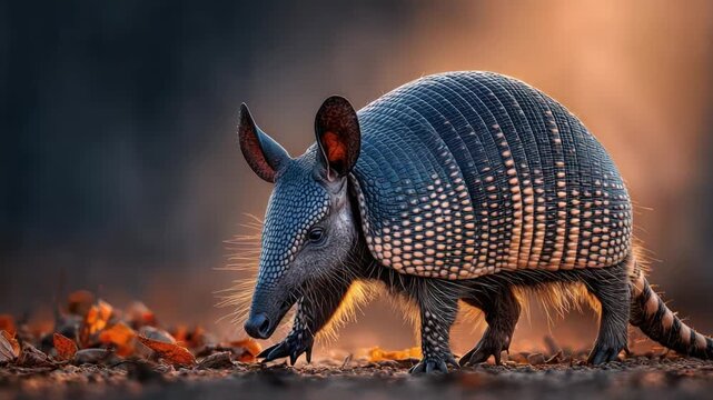 An armadillo walks, displaying its armored shell, in a warm, natural setting