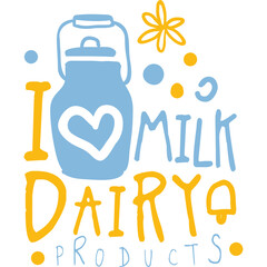 Hand drawn illustration expressing love for milk and dairy products with a blue milk jug heart motif and yellow text in a playful design on a transparent background