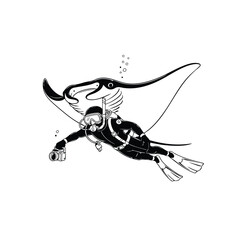 Obraz premium Diver explores underwater world with manta ray silhouette on white background under water