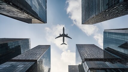 Low angle view of a commercial airplane flying between tall glass skyscrapers in a modern financial district — symbol of global business and connectivity.
