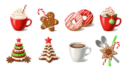 Vector illustration of collection of christmas sweets and drinks, including gingerbread man, donuts, hot chocolate, and decorated cookies, isolated on
