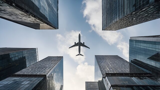 Low angle view of a commercial airplane flying between tall glass skyscrapers in a modern financial district — symbol of global business and connectivity.