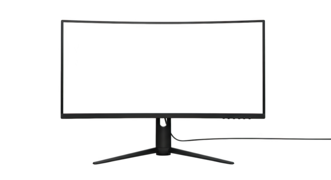 Curved computer monitor with stand and cable isolated on a transparent background curved screen black monitor