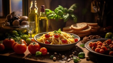 a still life image of a rustic Italian meal, featuring a large ceramic baking dish filled with pasta, tomatoes, olive oil, and herbs, surrounded by fresh produce, bread, wine bottles, and other culina