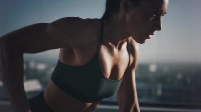 Determined woman performing a focused strength training workout with weights