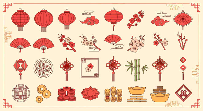 Vector illustration of collection of traditional chinese new year symbols and decorations, including lanterns, fans, and lucky knots, presented in a flat design style