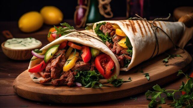 a large burrito filled with colorful vegetables, meat, and sauces, served on a wooden cutting board with lemon wedges, herbs, and spices surrounding it, dark moody lighting, detailed, high quality, 8k