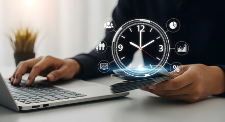 Business person using laptop and credit card with digital clock and icons symbolizing time management and productivity