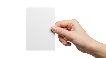 Obraz premium Female hand holding a blank white card with natural fingernails isolated on a transparent background