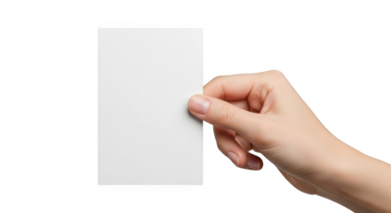 Female hand holding a blank white card with natural fingernails isolated on a transparent background