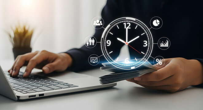 Business person using laptop and credit card with digital clock and icons symbolizing time management and productivity - Powered by Adobe