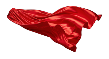Flowing red satin fabric with soft folds and highlights against isolated on a transparent background