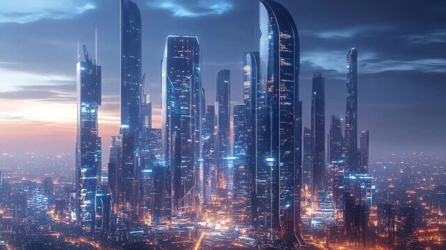 A stunning skyline features towering skyscrapers with sleek designs and bright lights. The vibrant city pulses with energy as twilight settles over the urban landscape.