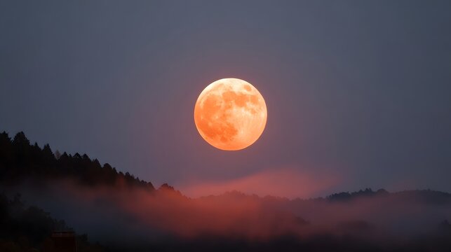 A large orange moon glows over misty forested hills at dusk