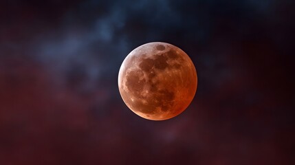 A blood moon lunar eclipse glows with a reddish hue against a dark cloudy night sky