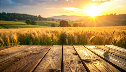 Golden field, wood planks, sunset landscape