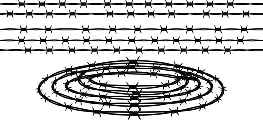 Barbed wire coil, fencing strands, sharp metal, twisted wire, industrial security, perimeter protection, steel loops, danger zone, protective barrier
