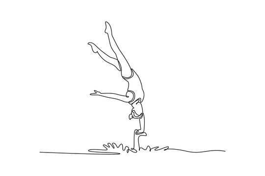 Continuous one line drawing woman is performing a vertical handstand in the water. The complex balance and graceful inversion of artistic swimming. Single line draw design vector graphic illustration