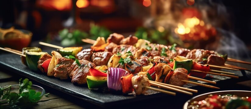 grilled meat skewers, lemon wedges, fresh herbs, wooden serving board, warm lighting, rustic background