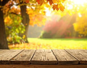 Autumn leaves & sunlight blurred background atop wooden planks