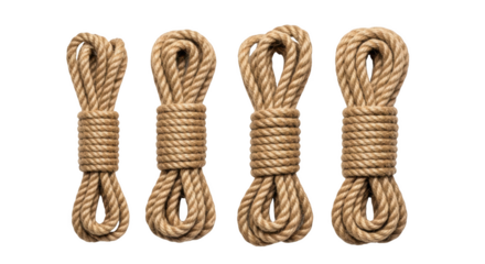 Four tied bundles of natural fiber rope with loops at the top isolated on a transparent background twine