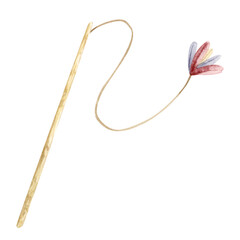 Cat stick toy with feathers watercolor isolated illustration. Pet teaser wand with string in pastel beige and pink colors. Domestic animals accessory clip art for fun playing designs and pet shops