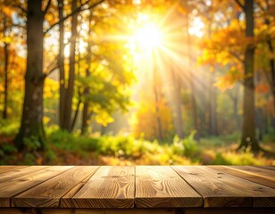 Sunny autumn forest view atop wooden table