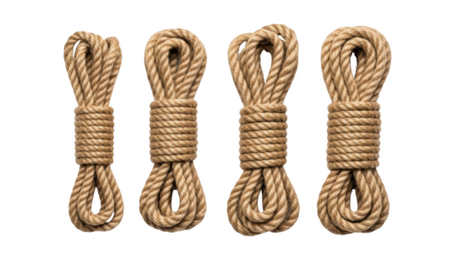 Four tied bundles of natural fiber rope with loops at the top isolated on a transparent background twine