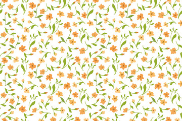 Seamless floral pattern with orange and peach flowers and green leaves on a white background, perfect for fabric, wallpaper, and digital design.