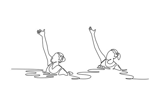 Single continuous line drawing two women are performing synchronized arm extensions above water surface. Precision and fluid motion of aquatic sport. One line draw graphic design vector illustration