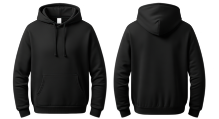 Front and back view of a plain hooded sweatshirt with drawstrings and a front pocket isolated on a transparent background