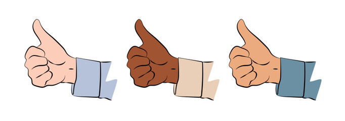 Thumbs Up A clean flat vector illustration of a hand making the Thumbs Up gesture in three diverse skin tones White Black Asian