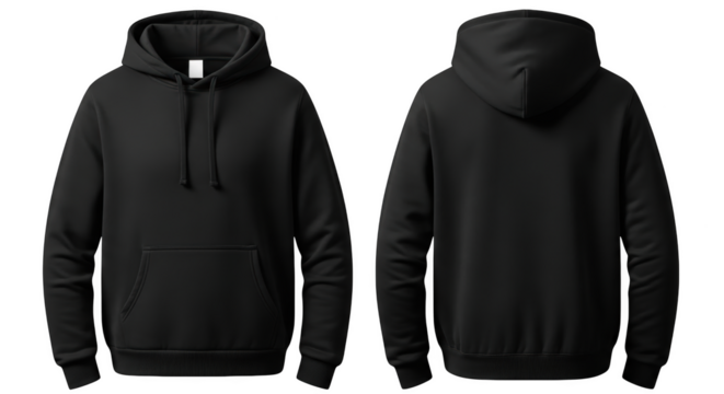 Front and back view of a plain hooded sweatshirt with drawstrings and a front pocket isolated on a transparent background