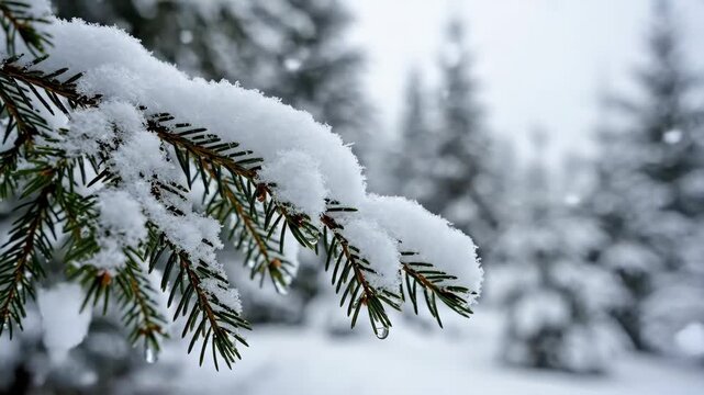 Close-up of snow-covered pine branches in a winter forest landscape.