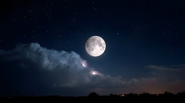 A bright full moon shines in a dark starry night sky with dramatic storm clouds and faint lightning