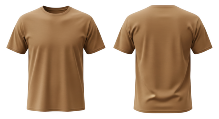 Front and back view of a plain tan short-sleeved t-shirt isolated on a transparent background brown beige