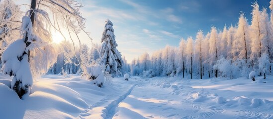 detailed winter landscape, snow-covered forest, frosty trees, warm sunset lighting, vibrant blue sky, dramatic clouds, serene snowy scene, picturesque winter wonderland, breathtaking frozen scenery, p