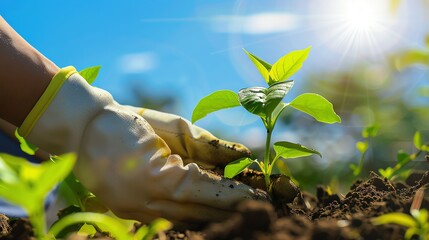 Gardener planting a young sprout in rich soil.