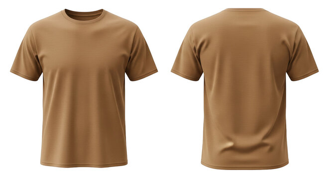 Front and back view of a plain tan short-sleeved t-shirt isolated on a transparent background brown beige