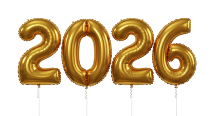 Golden 2026 number balloons floating on thin white strings isolated on a transparent background image