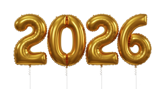 Golden 2026 number balloons floating on thin white strings isolated on a transparent background image - Powered by Adobe
