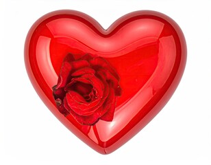 Red rose inside of a shiny, red, heart-shaped object