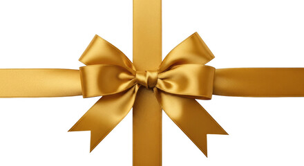 Golden satin ribbon bow with crossing bands on isolated on a transparent background gold ribbon gift wrapping