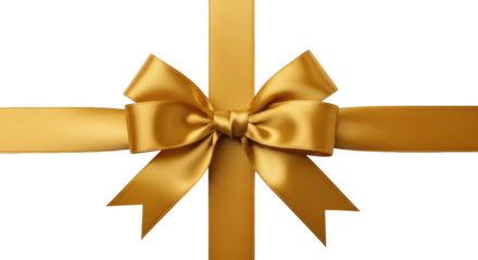 Golden satin ribbon bow with crossing bands on isolated on a transparent background gold ribbon gift wrapping